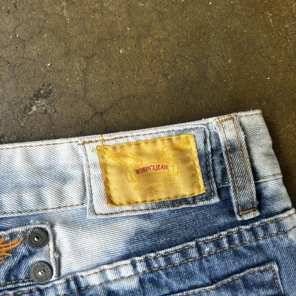 Robin's Jean Shorts Mens 34 Blue Denim Acid Wash Crystal Studded Flap Mortard